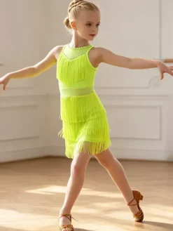 Latin Dance Costume Peach Girl's Polyester Dress Elegant Fringe Latin Dancer Dancing Wear