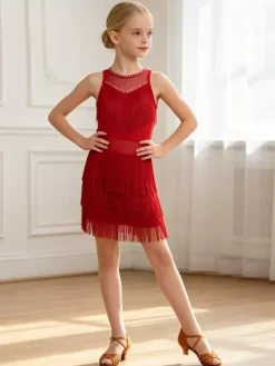 Latin Dance Costume Peach Girl's Polyester Dress Elegant Fringe Latin Dancer Dancing Wear