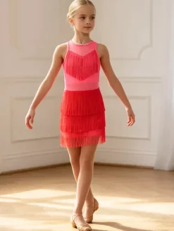 Latin Dance Costume Peach Girl's Polyester Dress Elegant Fringe Latin Dancer Dancing Wear