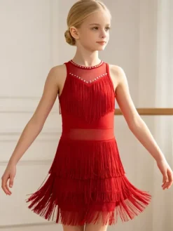 Latin Dance Costume Peach Girl's Polyester Dress Elegant Fringe Latin Dancer Dancing Wear