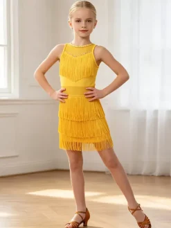 Latin Dance Costume Peach Girl's Polyester Dress Elegant Fringe Latin Dancer Dancing Wear