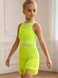 Latin Dance Costume Peach Girl's Polyester Dress Elegant Fringe Latin Dancer Dancing Wear
