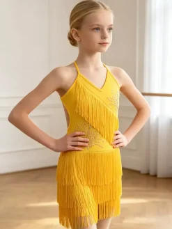 Latin Dance Costume Peach Girl's Polyester Dress Elegant Fringe Latin Dancer Dancing Wear