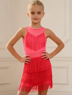 Latin Dance Costume Peach Girl's Polyester Dress Elegant Fringe Latin Dancer Dancing Wear