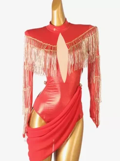 Latin Dance Costume Red Women's Fringe Asymmetrical Lycra Spandex Dress Dancing Wear