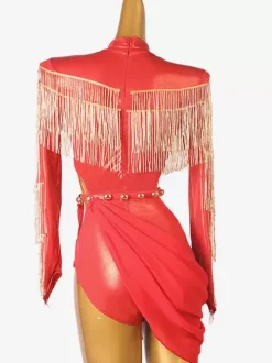 Latin Dance Costume Red Women's Fringe Asymmetrical Lycra Spandex Dress Dancing Wear