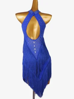Latin Dance Costume Royal Blue Women's Lycra Spandex Dress Backless Sexy Rhinestones Dancing Costume