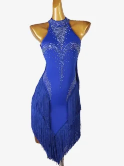 Latin Dance Costume Royal Blue Women's Lycra Spandex Dress Backless Sexy Rhinestones Dancing Costume