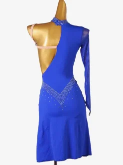 Latin Dance Costume Royal Blue Women's Lycra Spandex Dress Backless Elegant Rhinestones Dancing Costume