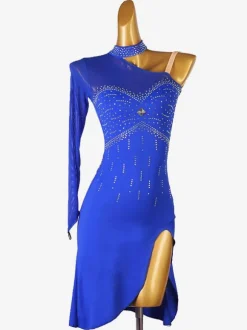 Latin Dance Costume Royal Blue Women's Lycra Spandex Dress Backless Elegant Rhinestones Dancing Costume