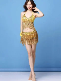 Latin Dance Costumes Sequin Fringe 2 Piece Sexy Dancer Dancing Wears Carnival