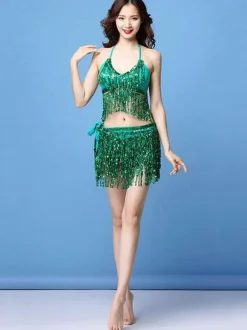 Latin Dance Costumes Sequin Fringe 2 Piece Sexy Dancer Dancing Wears Carnival