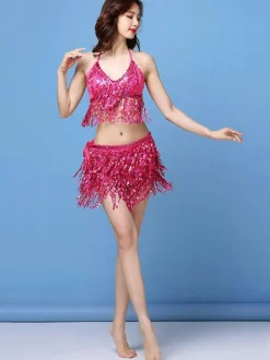 Latin Dance Costumes Sequin Fringe 2 Piece Sexy Dancer Dancing Wears Carnival