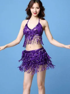 Latin Dance Costumes Sequin Fringe 2 Piece Sexy Dancer Dancing Wears Carnival