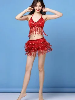 Latin Dance Costumes Sequin Fringe 2 Piece Sexy Dancer Dancing Wears Carnival