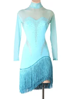 Latin Dance Dresses Aqua Women's Fringe Rhinestones Bodycon Sexy Polyester Dress Dancing Costume