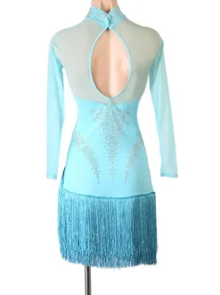 Latin Dance Dresses Aqua Women's Fringe Rhinestones Bodycon Sexy Polyester Dress Dancing Costume
