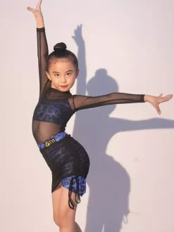 Latin Dance Dresses Black Girls Adults Shaping Dress Mesh Leopard Printed Latin Dance Costumes