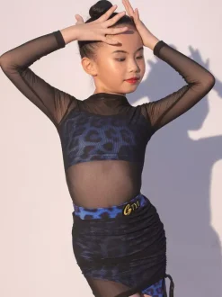 Latin Dance Dresses Black Girls Adults Shaping Dress Mesh Leopard Printed Latin Dance Costumes
