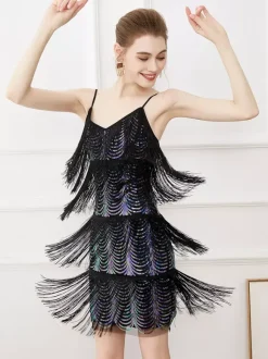 Latin Dance Dresses Black Sexy Straps Tassel Fringe Latin Dancer Dancing Costume