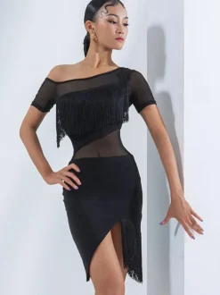 Latin Dance Dresses Black Women's Fringe Layered Set Elegant Polyester Dress Dancing Wear