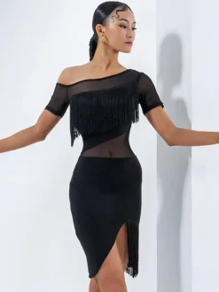 Latin Dance Dresses Black Women's Fringe Layered Set Elegant Polyester Dress Dancing Wear