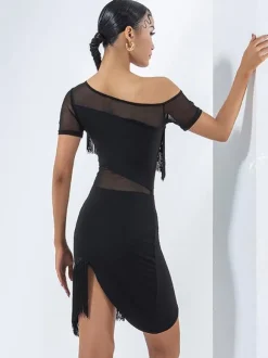Latin Dance Dresses Black Women's Fringe Layered Set Elegant Polyester Dress Dancing Wear
