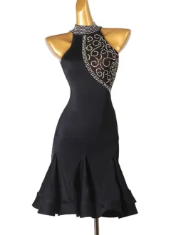 Latin Dance Dresses Black Women's Rhinestones Bodycon Sexy Polyester Dress Dancing Costume