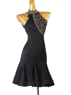 Latin Dance Dresses Black Women's Rhinestones Bodycon Sexy Polyester Dress Dancing Costume