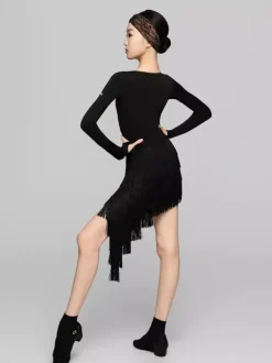 Latin Dance Dresses Black Women's Fringe Shaping Set Latin Dance Set With Hairband
