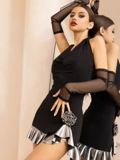 Latin Dance Dresses Black Women's Ruffles Halter Shaping Latin Dancing Costume