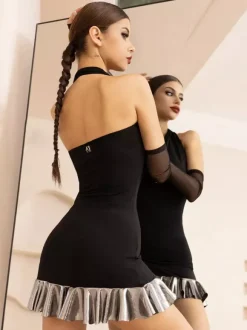 Latin Dance Dresses Black Women's Ruffles Halter Shaping Latin Dancing Costume