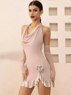 Latin Dance Dresses Black Women's Ruffles Halter Shaping Latin Dancing Costume