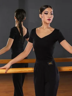 Latin Dance Dresses Black Women's Ruffles Backless Elegant Polyester Top Dancing Wear