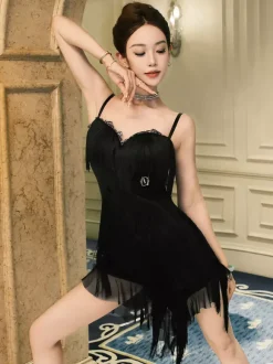 Latin Dance Dresses Black Women's Fringe Shaping Spaghetti Dancing Costume