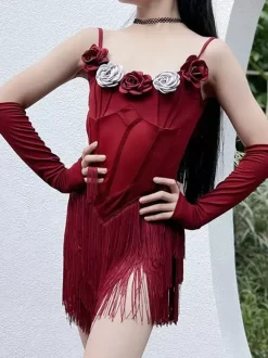 Latin Dance Dresses Burgundy Girl's Polyester Dress Flowers Dancing Wear