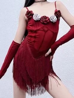 Latin Dance Dresses Burgundy Girl's Polyester Dress Flowers Dancing Wear