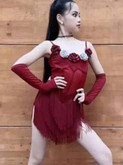 Latin Dance Dresses Burgundy Girl's Polyester Dress Flowers Dancing Wear