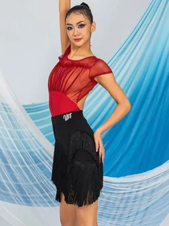 Latin Dance Dresses Coffee Brown Women's Polyester Skirt Top Sheer Elegant Fringe Ruffles Latin Dancer Dancing Costume