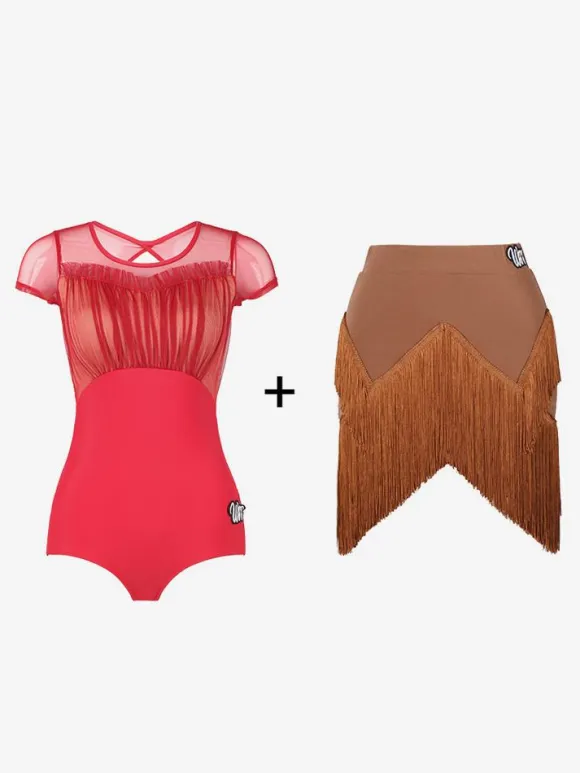 Latin Dance Dresses Coffee Brown Women's Polyester Skirt Top Sheer Elegant Fringe Ruffles Latin Dancer Dancing Costume