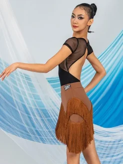 Latin Dance Dresses Coffee Brown Women's Polyester Skirt Top Sheer Elegant Fringe Ruffles Latin Dancer Dancing Costume
