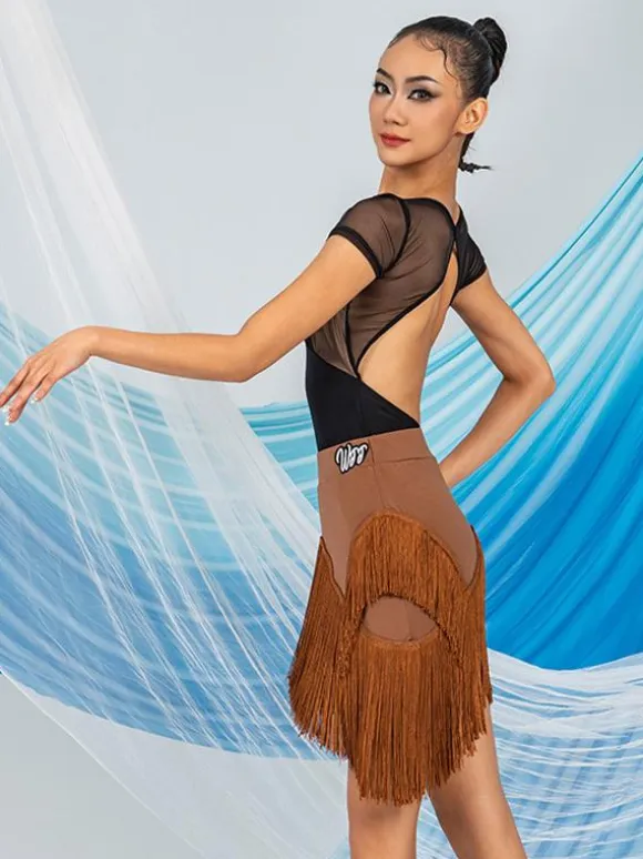 Latin Dance Dresses Coffee Brown Women's Polyester Skirt Top Sheer Elegant Fringe Ruffles Latin Dancer Dancing Costume