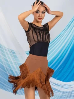 Latin Dance Dresses Coffee Brown Women's Polyester Skirt Top Sheer Elegant Fringe Ruffles Latin Dancer Dancing Costume