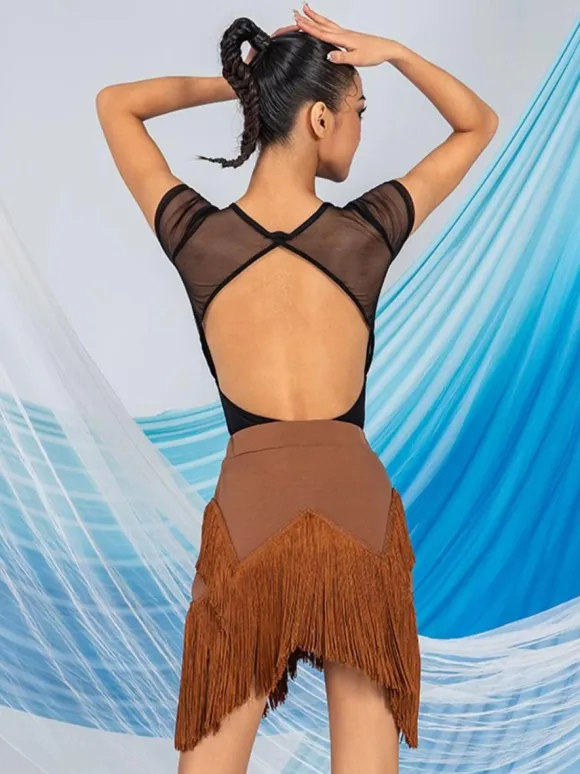 Latin Dance Dresses Coffee Brown Women's Polyester Skirt Top Sheer Elegant Fringe Ruffles Latin Dancer Dancing Costume