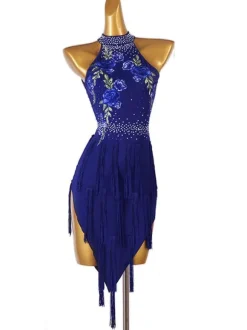 Latin Dance Dresses Dark Navy Women's Rhinestones Floral Print Bodycon Sexy Polyester Dress Dancing Wear