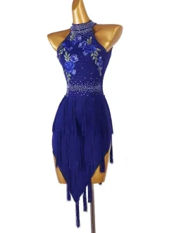 Latin Dance Dresses Dark Navy Women's Rhinestones Floral Print Bodycon Sexy Polyester Dress Dancing Wear
