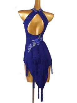 Latin Dance Dresses Dark Navy Women's Rhinestones Floral Print Bodycon Sexy Polyester Dress Dancing Wear
