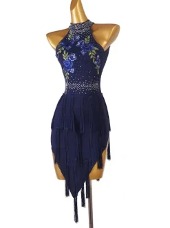 Latin Dance Dresses Dark Navy Women's Rhinestones Floral Print Bodycon Sexy Polyester Dress Dancing Wear