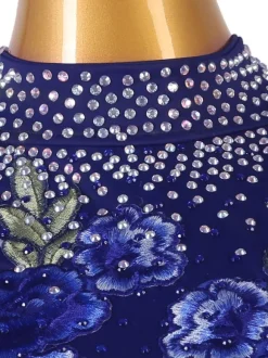 Latin Dance Dresses Dark Navy Women's Rhinestones Floral Print Bodycon Sexy Polyester Dress Dancing Wear