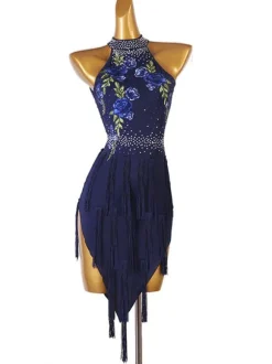 Latin Dance Dresses Dark Navy Women's Rhinestones Floral Print Bodycon Sexy Polyester Dress Dancing Wear